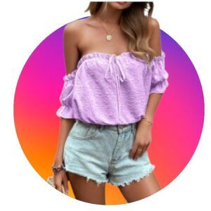 6810 Women's Casual Off-Shoulder Swiss Dot Blouse with Tie Front Lt Purple